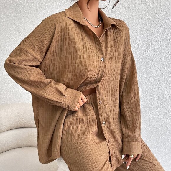 Brown Casual Women's Solid Drop Shoulder Shirt & Wide Leg Pants - Picture 1 of 6